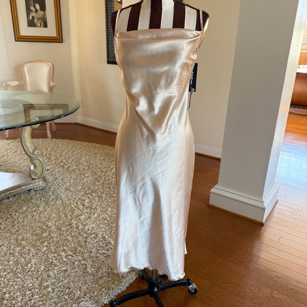 Bebe Gold Satin Draped Neck Slip Tea Length Dress NWT Size XS Party Cocktail - Picture 3 of 9
